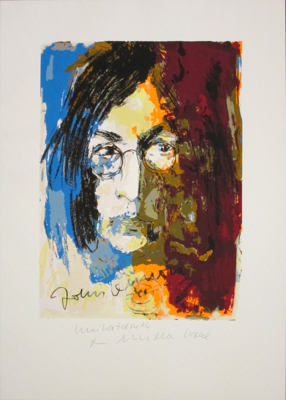 John Lennon - Unikatdruck - Variante blau/olive/bordeaux