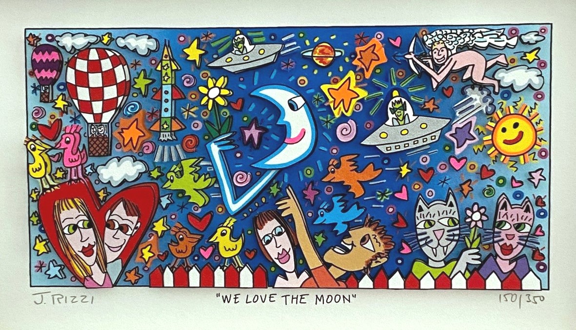 We love the moon, gerahmt in Blau-Silber-Rahmen